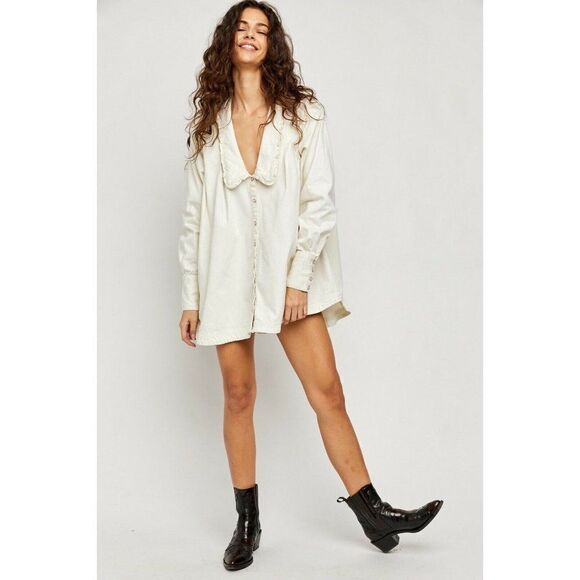 NEW FREE PEOPLE Sz CHARLIE DENIM BUTTON DOWN TUNIC TOP MINI DRESS IN E… - Picture 1 of 5